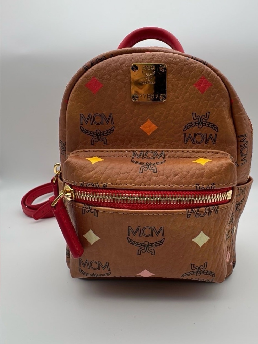 MCM Brown Visetos Mini Backpack with Red Trim